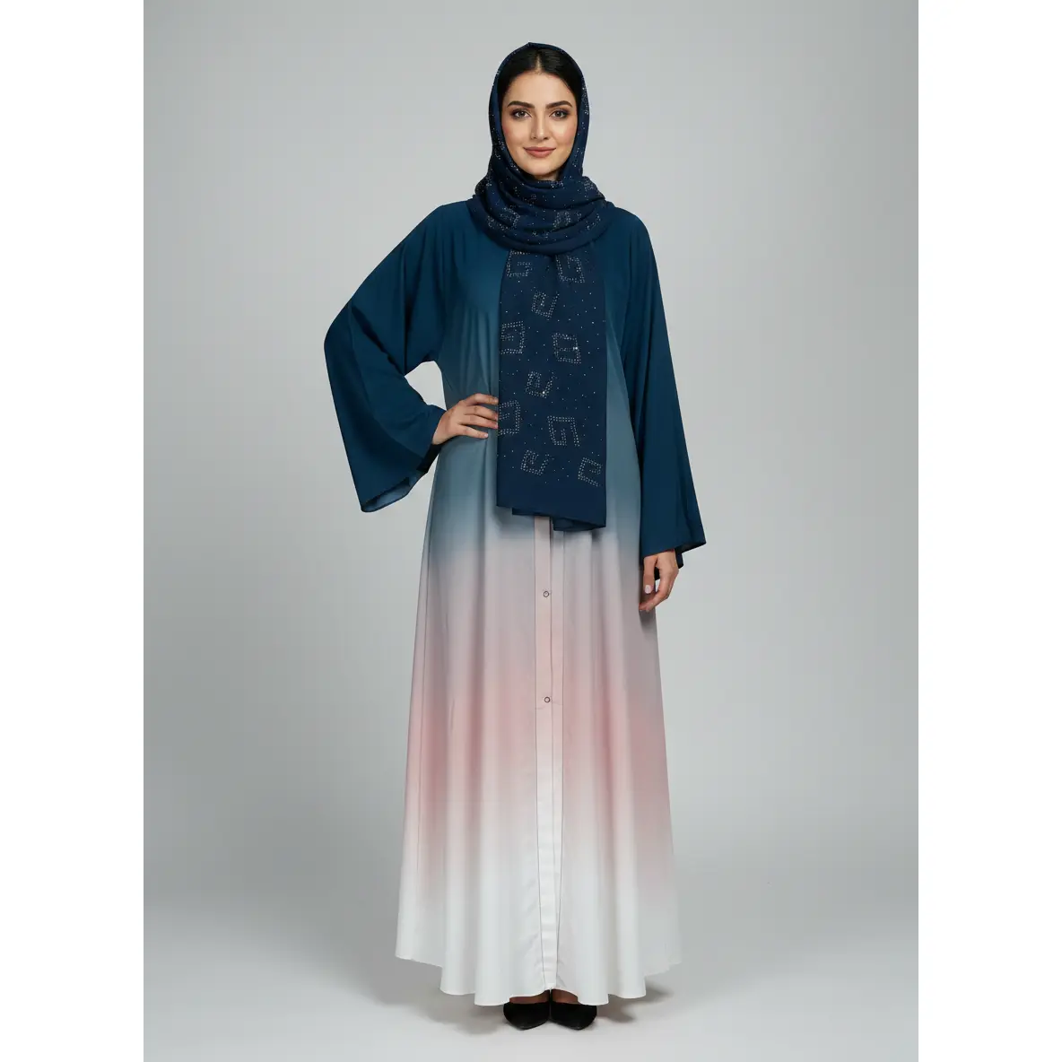 Women's Chiffon Tie-Dye Abaya Maxi Dress - Elegant Loose-Fit Long-Sleeve, Matching Scarf (Versatile Accessory), Machine-Washable Modest Islamic Wear for All Seasons, Casual Gradient Hijabi Fashion