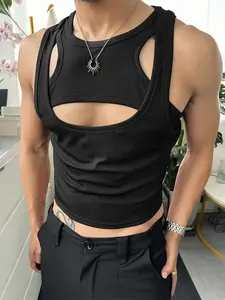 Incerun Men's Fashion Texture Strapless Vest, Comfy Spandex Fabric Solid Color Sleeveless Elastic Two-piece Set, Suitable for Daily Wear