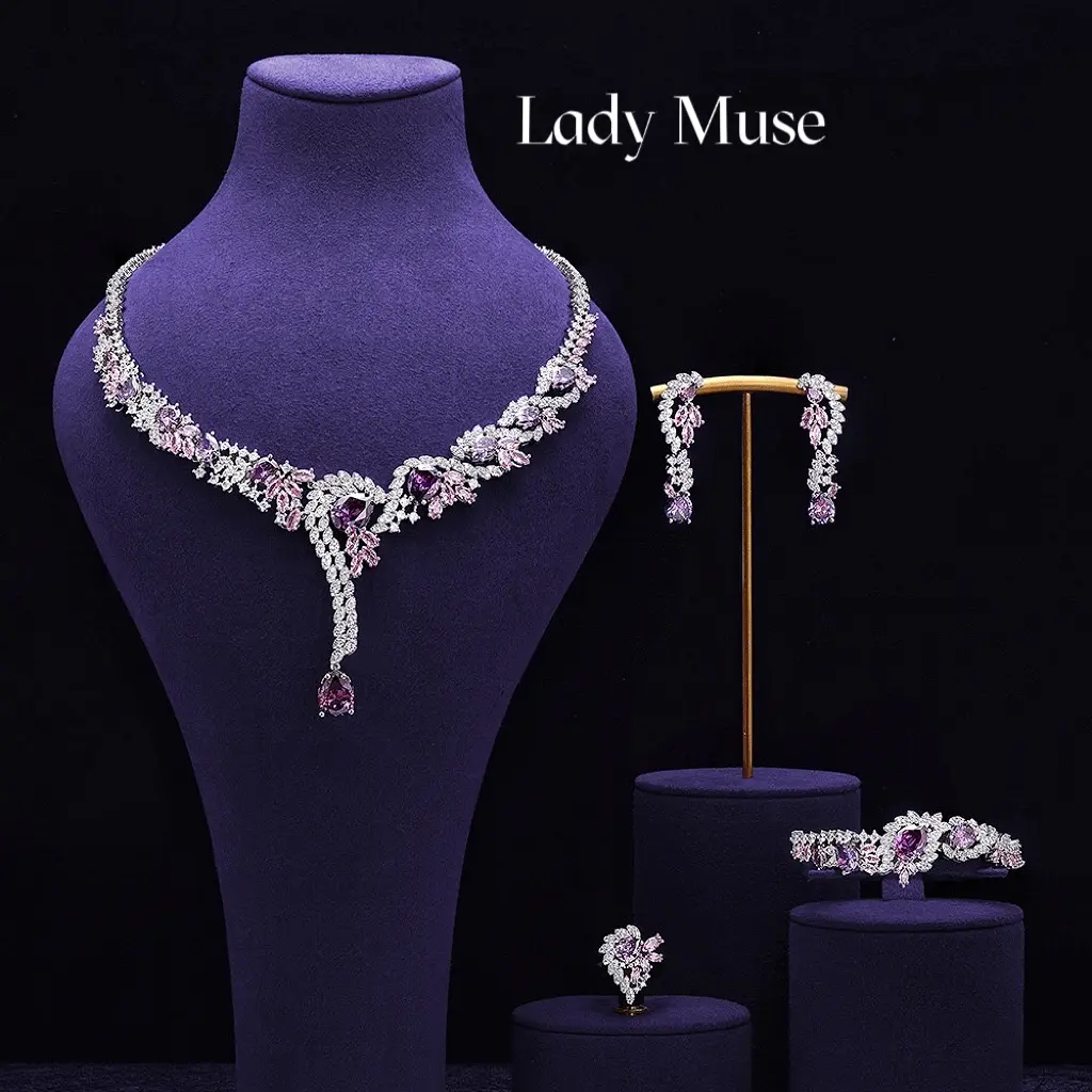 925 Silver Lab-Created ECO Diamond Purple Four-Piece Set (Necklace, Earrings, Ring, Bracelet)