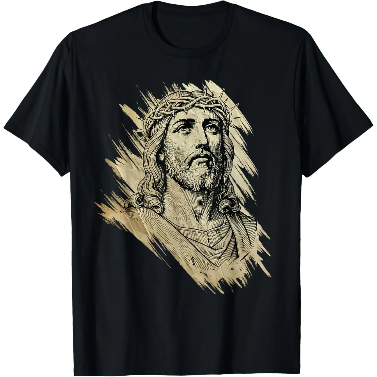 Women's Graphic T-Shirt, Vintage Distressed 100% Cotton Streetwear Top with Jesus Face Art and Regular Sleeves