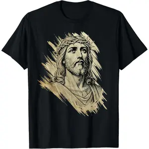 Women's 100% Cotton Short-Sleeve Round Neck Distressed Vintage Casual Streetwear Graphic T-Shirt - Catholic Christian Everyday Top with Easter Jesus Christ Face & Crown of Thorns Design, Shortsleeve, Tshirt