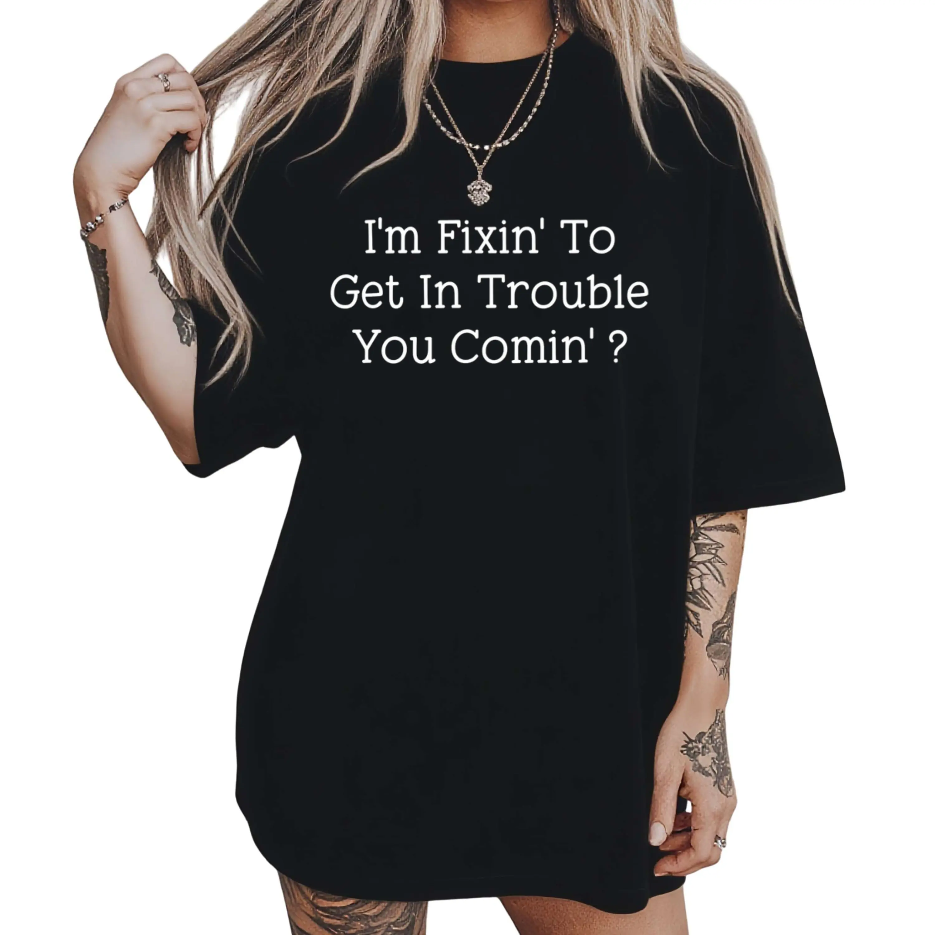 100% Premium Cotton graphic tees HustlaGirl I'm Fixin' To Get In Trouble You Comin? Funny Women's T-Shirt - Black, Small