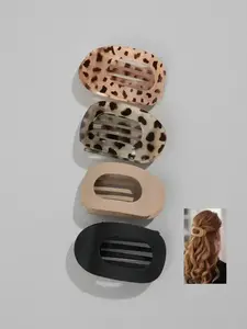 2-4pcs Flat Round Hair Clips, Solid Color + Leopard Print Combo, Women Daily Hairstyle Claws, Non-Slip Duck Mouth Clips, Curved Arc Design, Durable Plastic Hair Accessories, Vintage Minimalist Niche Hair Pins, Hairpins