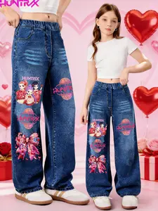 Girls' Valentine's Day Kpop Anime Cartoon Print Jeans, Casual Fitted Denim Jeans for Ages 7-12, Trendy Girls' Clothing