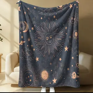 Sun and Star Printed Blanket, Classic Retro Planet Pattern Bedding Set,Flannel Throw Blanket Soft and Skin Friendly, Suitable For All Seasons, Flannel Blankets
