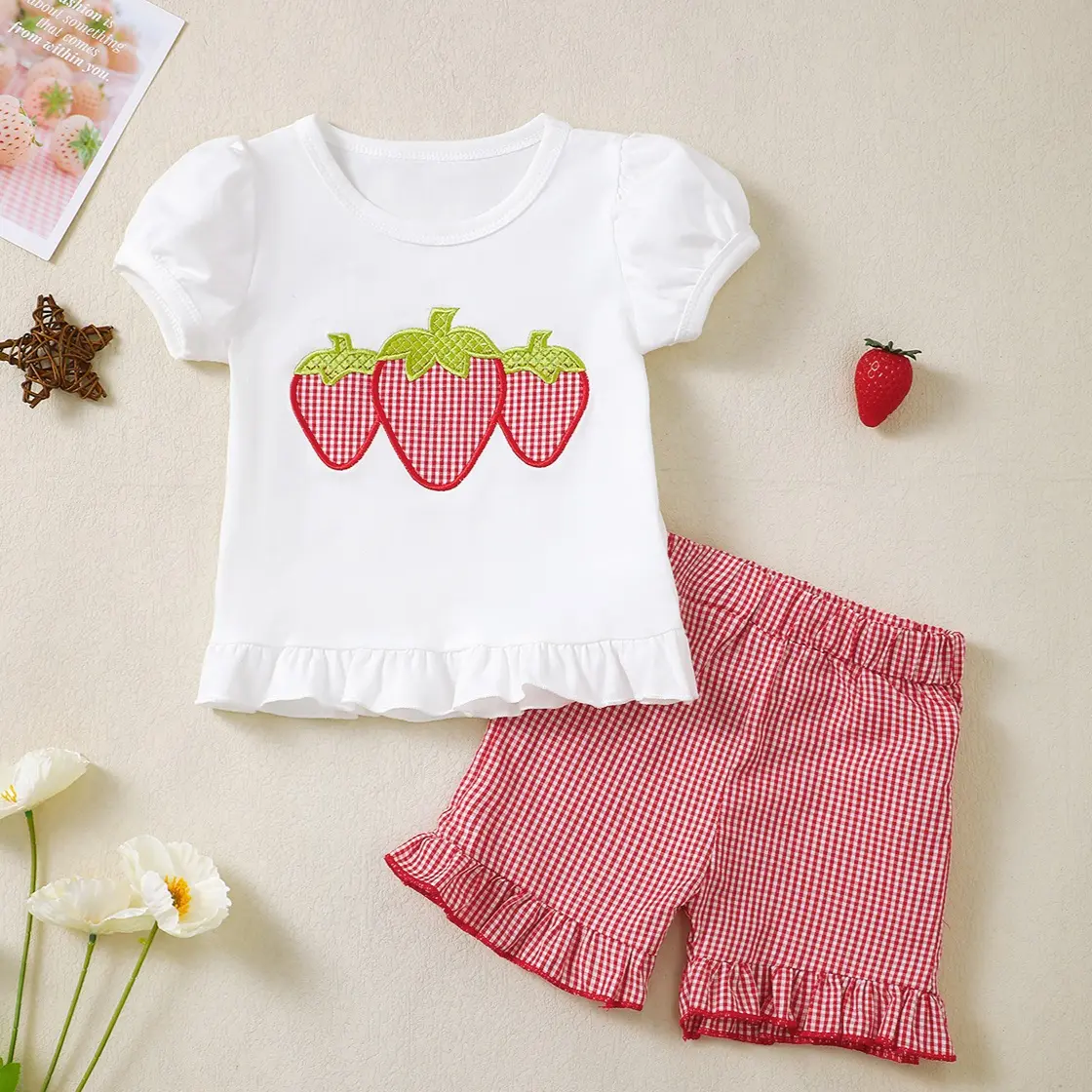 Ready Stock Summer Outfits For 3M-3Y Girls Strawberry Embroidery Bubble Short Sleeve Tops Elastic Plaid Shorts Set 2Pcs Infant Toddler Clothes C004