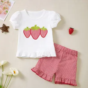 Ready Stock Summer Outfits For 3M-3Y Girls Strawberry Embroidery Bubble Short Sleeve Tops Elastic Plaid Shorts Set 2Pcs Infant Toddler Clothes C004