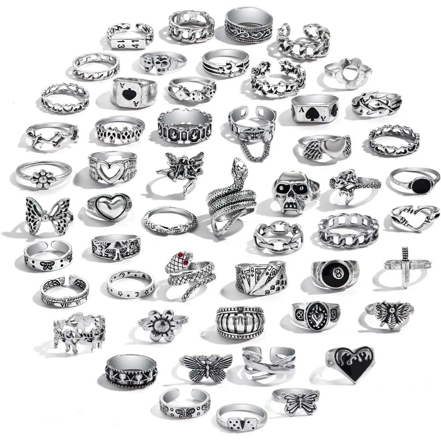 15-63 PCS Vintage Silver Knuckle Rings Set for Women Teen Girl, Stackable Joint Finger Statement Rings Bohemian Retro Hollow Carved Midi Rings, Boho Y2k Snake Butterfly Heart Chunky Stacking Rings Pack