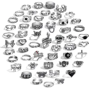 15-63 PCS Vintage Silver Knuckle Rings Set for Women Teen Girl, Stackable Joint Finger Statement Rings Bohemian Retro Hollow Carved Midi Rings, Boho Y2k Snake Butterfly Heart Chunky Stacking Rings Pack