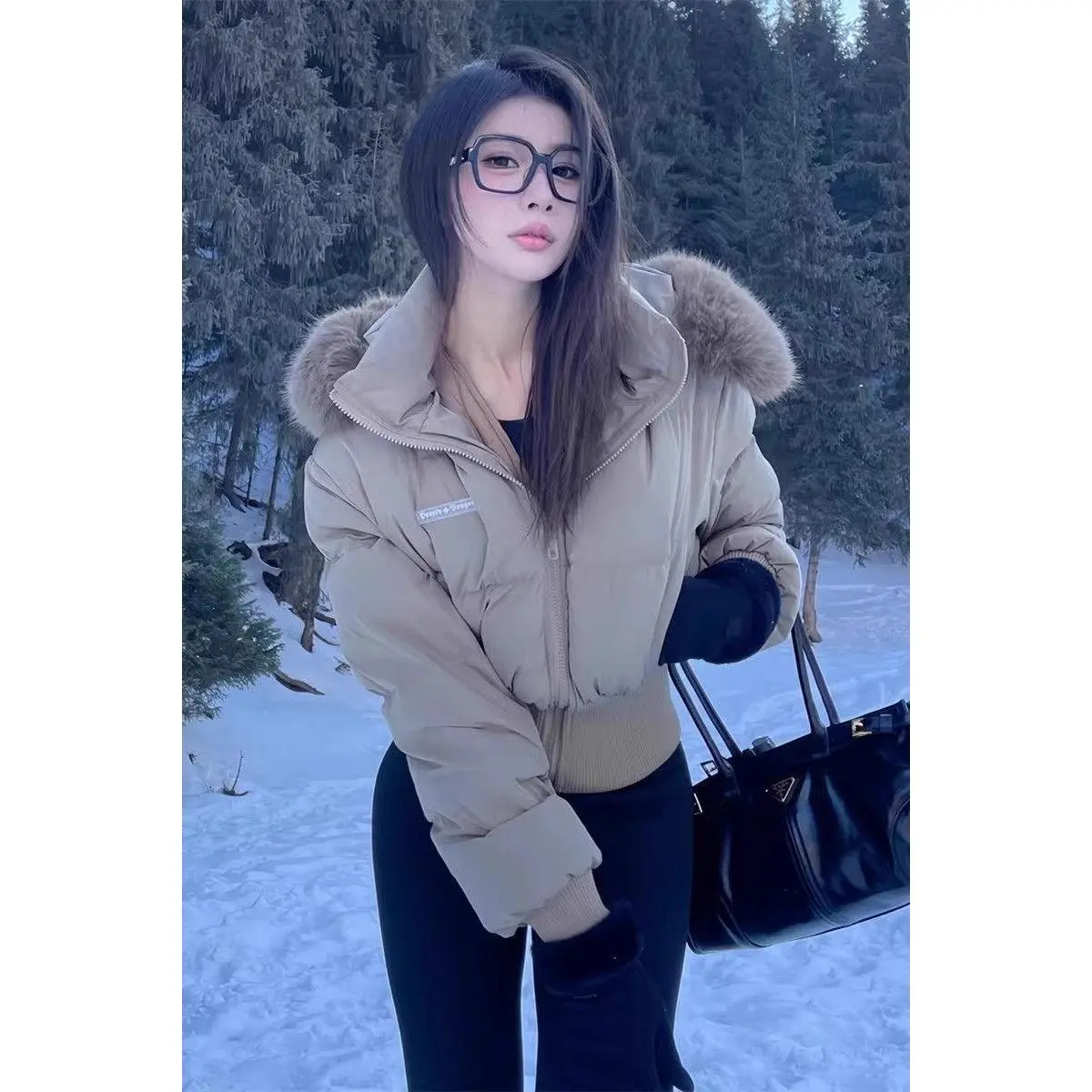 Women's Cropped Faux Fur Hood Puffer Jacket |   Short Padded Coat, Winter Warm Quilted Coat, Retro Style Outwear