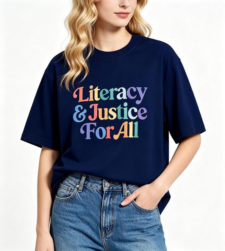 Lady's Casual Oversized Cotton T-Shirt - Women's Crew Neck Short Sleeve Tee with Literacy Justice For All Rainbow Graphic, Comfortable Fabric