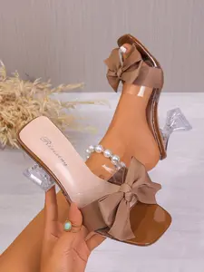 Women's Bowknot Transparent Heeled Sandals, Vintage Luxurious Sweet Style, Elegant Wedding Party Shoes, Open-Toe Rubber Sole