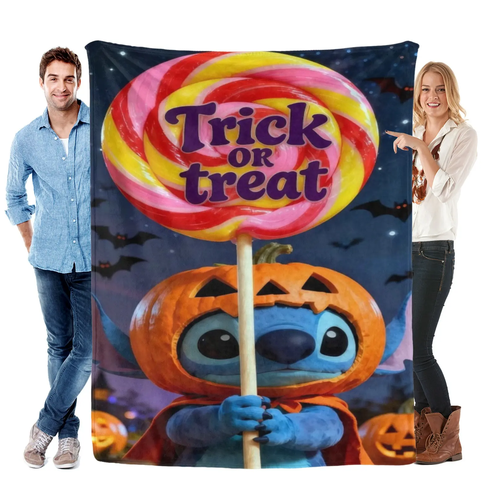 [Summervibes] Pumpkin Helmet Stitch With Big Lollipop Blanket | Lightweight Flannel, Halloween Stitch Aesthetic Blanket Gift For Disney Fans
