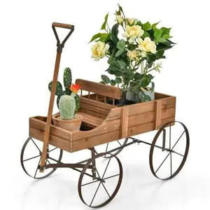 Wooden Wagon Plant Bed With Wheel for Garden Yard-Brown - Color: Brown