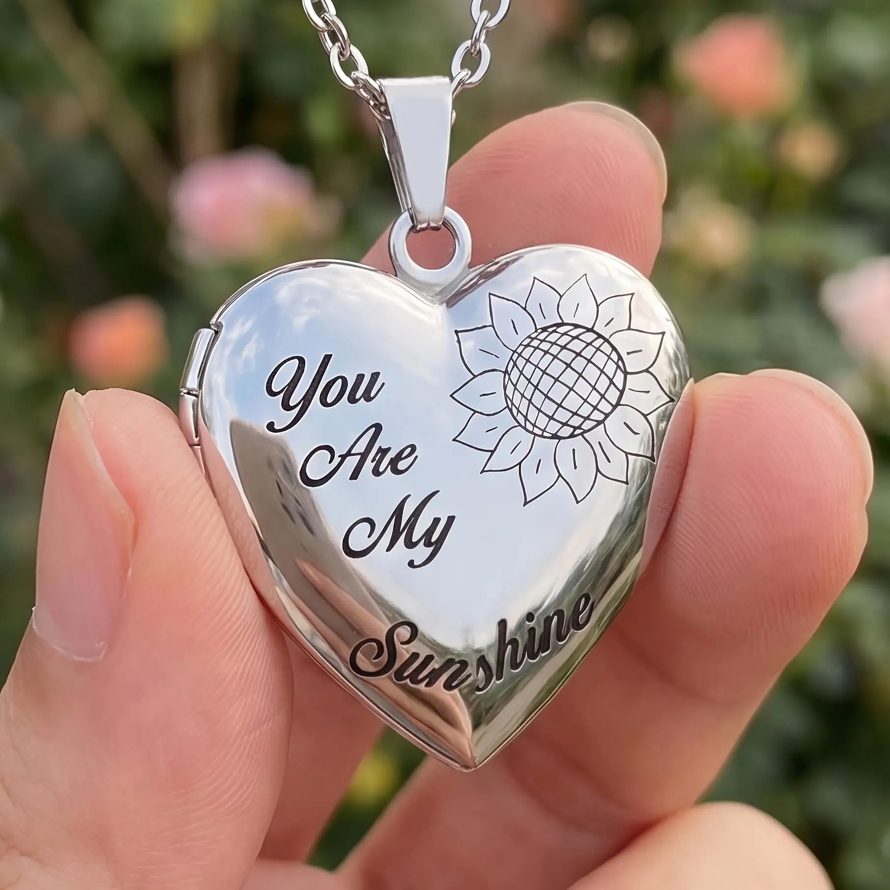 Women's Stainless Steel Heart-Shaped Openable Photo Pendant Necklace - Engraved with "You Are My Sunshine" & Sunflower Pattern, Anti-Allergic, Anti-Fading, Ideal Gift for Mothers or Daughters jewelry