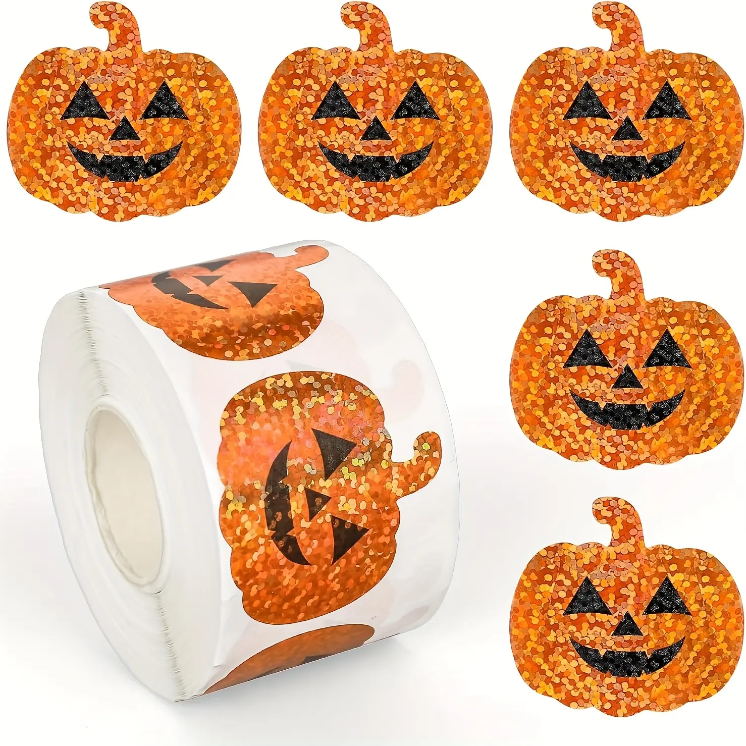 500Pcs Halloween Glitter Pumpkin Stickers Roll 1.2 Inch, Holographic Waterproof Adhesive Decals, Orange Sparkly DIY Party Envelope Scrapbook Packaging Decorations
