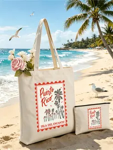Beach-themed canvas tote set with vintage palm tree print. Large foldable shoulder bag for commuting, shopping and travel. Ideal for holidays, beach trips and various festival gifts.