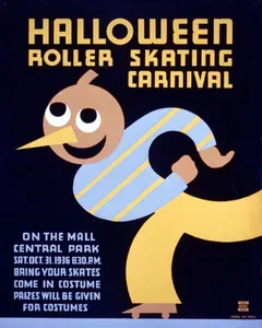 Poster Halloween Roller Skating Carnival Costume Usa Vintage Repro. Wall Décor. Retro Poster