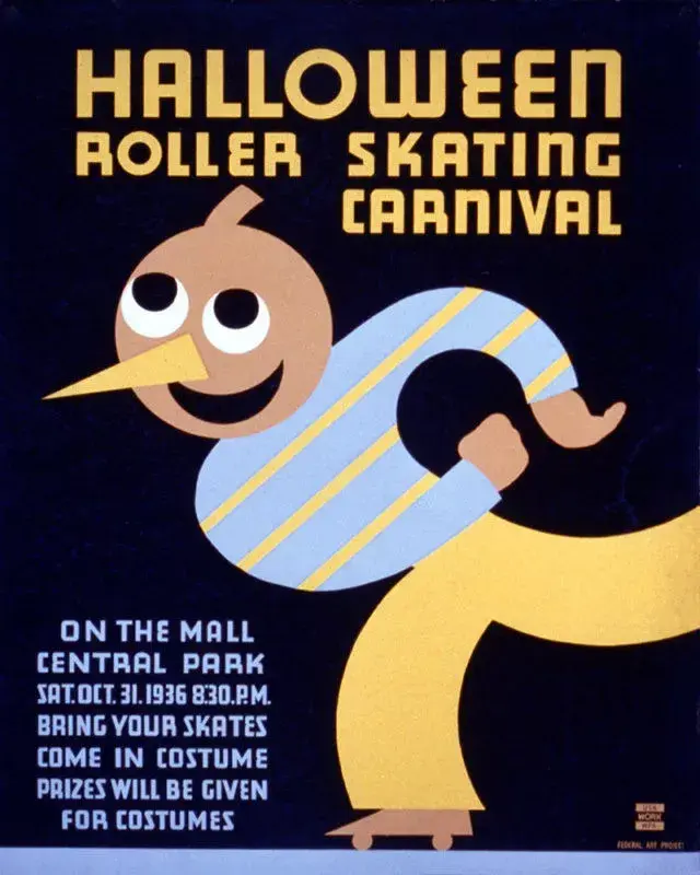 Poster Halloween Roller Skating Carnival Costume Usa Vintage Repro. Wall Décor. Retro Poster