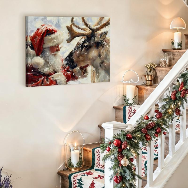 WiHoo Santa Claus Framed Vintage Christmas Canvas Wall Art Print, Rustic Winter Painting Christmas Pictures Wall Decor Christmas Gifts for Home Living Room Bedroom Decor Made in USA