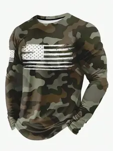 American Flag Pattern Printed Men's Casual Camouflage Top, Fitted Long Sleeve Shirt, All-Season Wear, No Buttons or Collar