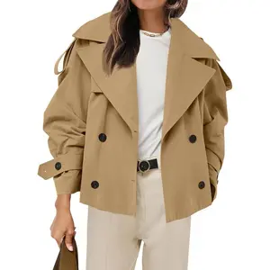 Womens Cropped Trench Coat Casual Double Breasted Short Jacket Fall Fashion Outerwear with Belt N5E188