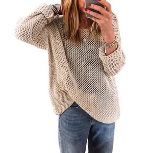 Asvivid Women's Round Neck Plaid Acrylic Crochet Hollow-Out Loose-Fitting Long-Sleeve Jumper - Everyday Casual Chic Womenswear Top