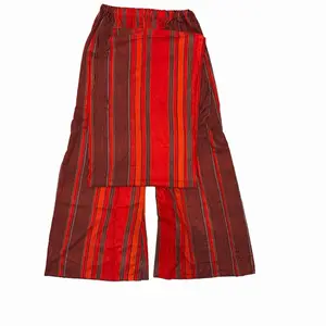Rasmi Boutiques Women's Short Sleeve Shaash Shirt & Trouser Set - Red & Brown Striped Wide Leg Pants for Comfortable Wear Loose Fitting with Elastic Waistband Cold Wash Tumble Dry Only