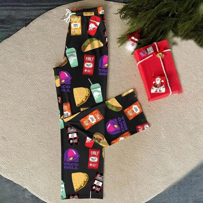 Taco & Hot Sauce Pajama Pants, Funny Food Lover Satin Sleepwear, Unisex Lounge Pants, Cozy Homewear, Foodie Gift