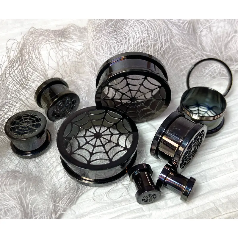 PAIR Black Spider Web Surgical Steel Tunnels Spiderweb Ear Plugs Earlets Gauges