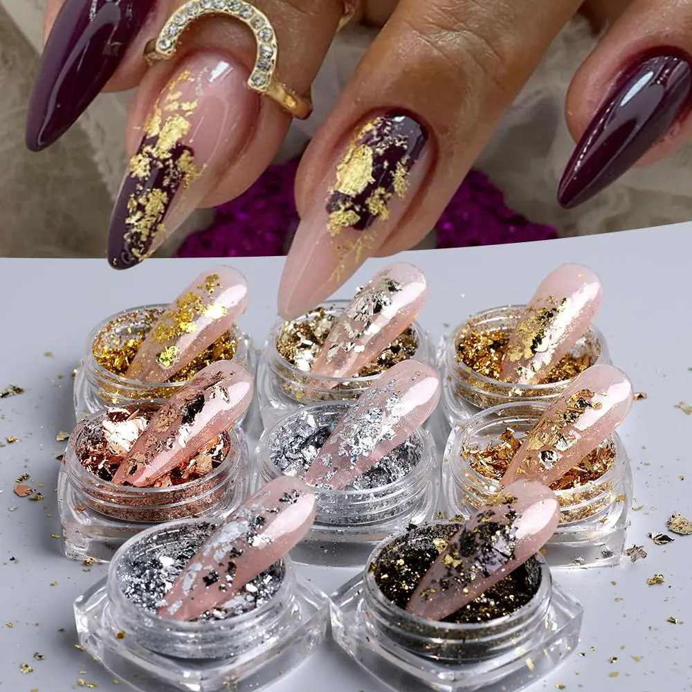 8pcs Rose Gold Silver Black Irregular Foil Paper Fragments Nail Flakes Gold Foils Nail Sequin Sticker Glitter DIY Manicure Decor