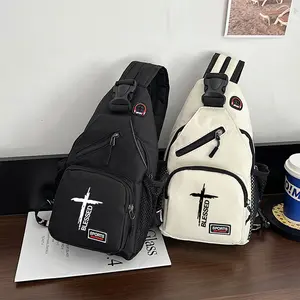 Black/White 1pc Large-Capacity Crossbody Waist Bag with Cross Print Design, Adjustable Strap & Zippered Compartments - Durable Polyester Chest Pack for Outdoor Travel, Work, School, Sports - Unisex Casual Backpack Alternative, Work Essentials