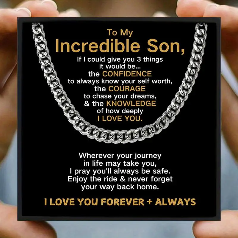 Cuban Necklace with Gift Box & Card, 1 Set Fashion Simple Stainless Steel Pendant Necklace, Gift for Son, Birthday Gift, Party Gift