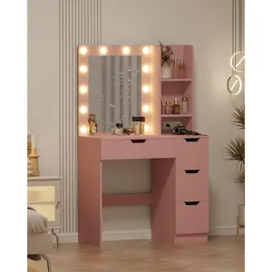 Makeup Vanity Desk, Lighted Mirror, 3 Lighting Modes, Dressing Table, Drawers, Built-in Power Outlets, Open Shelves, Bedroom Vanity, Makeup Studio Vanity