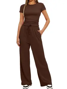 2026 Spring Summer Women's Two Piece Set, Solid Color Long Sleeve Top & Wide Leg Pants, Casual Commuter, Style, Clothes Fashion Womenswear