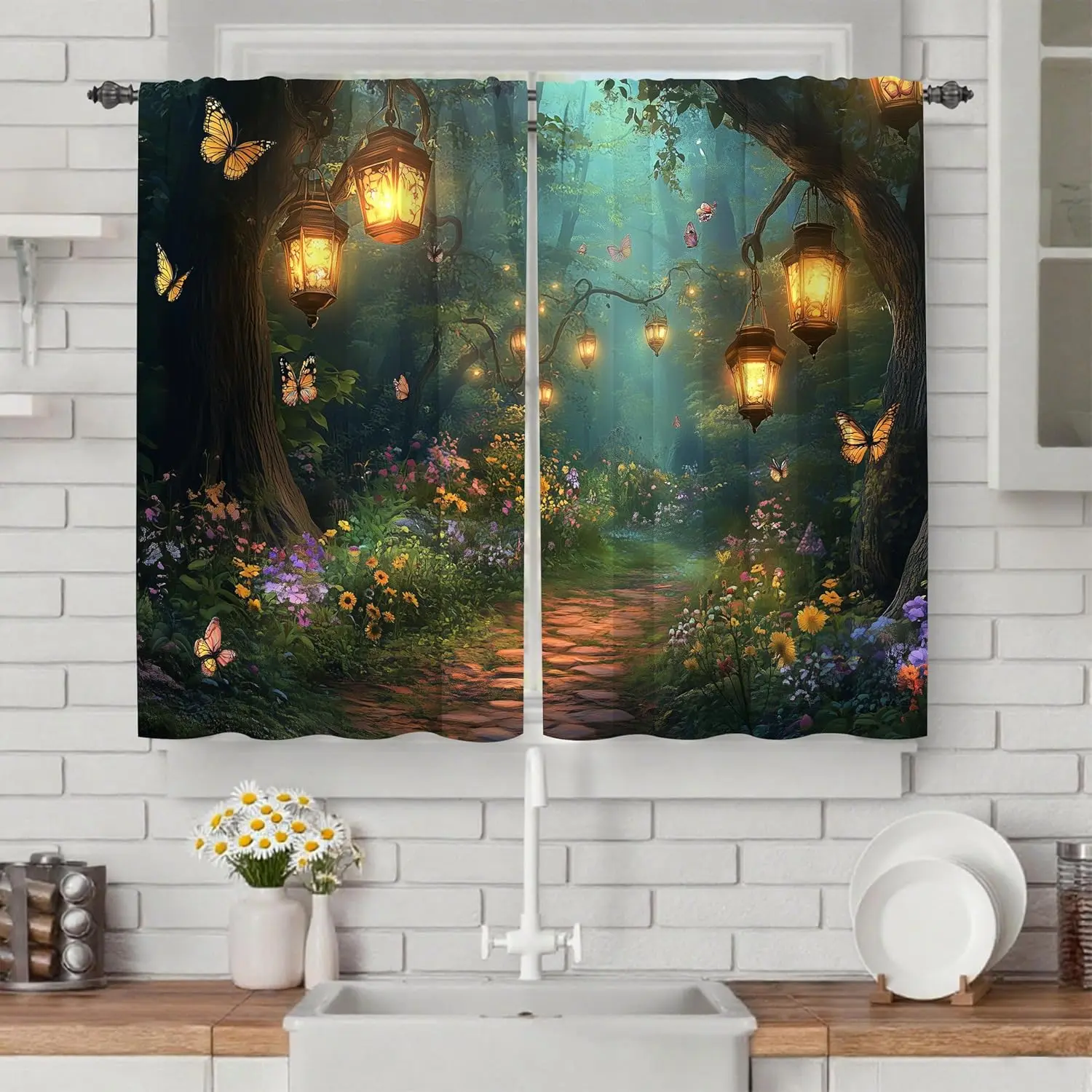 01-Magic Forest Fairytale-Themed Rustic Kitchen Cafe Curtains, Wrinkle Resistant 2-Panel Indoor Set with Easy Rod Pocket Setup, 27.5x39in, Machine Washable for Kitchen/Bath, Bathroom