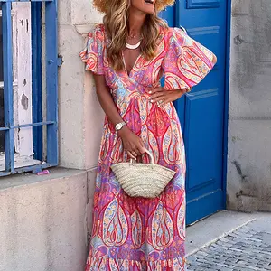 ChicMe Women's Vintage Print Maxi Dress V-Neck Flare Sleeve High Waist Shirred Back A-Line Boho Vacation Dress