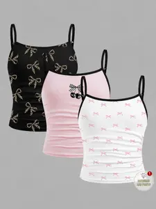 Girls' Cute Bow Print Sleeveless Tank Top Set, Leopard & Cherry Bows, Adjustable Straps, Fitted Vest, 3-Piece, All Seasons Casual Wear
