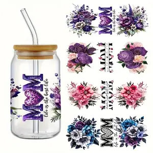 4pc Flowers UV DTF Cup Packaging Stickers Floral Pattern Sticker Waterproof Decorative for Mugs Cups Bottles School Supplies Art Crafts DIY Transfer Paper Easy to Apply Long-Lasting, and Reusable Transfer Stickers