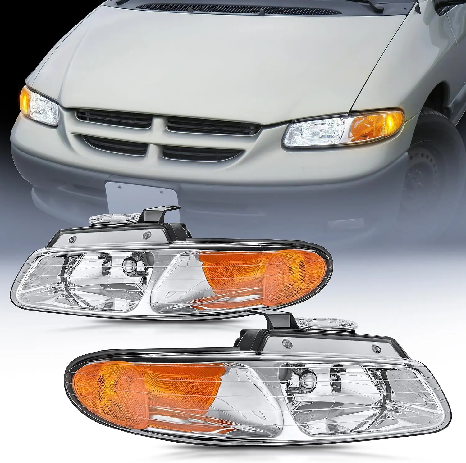 Nilight Bolt-On Dual-Beam Car Lighting Headlight Assembly, Fog-Free Anti-Fog Chrome Housing with Amber Reflector, Brightening Adjustable Waterproof High-Impact Replacement for 1996-1999 Chrysler Town & Country, Dodge Grand Caravan, Plymouth Grand Voyager