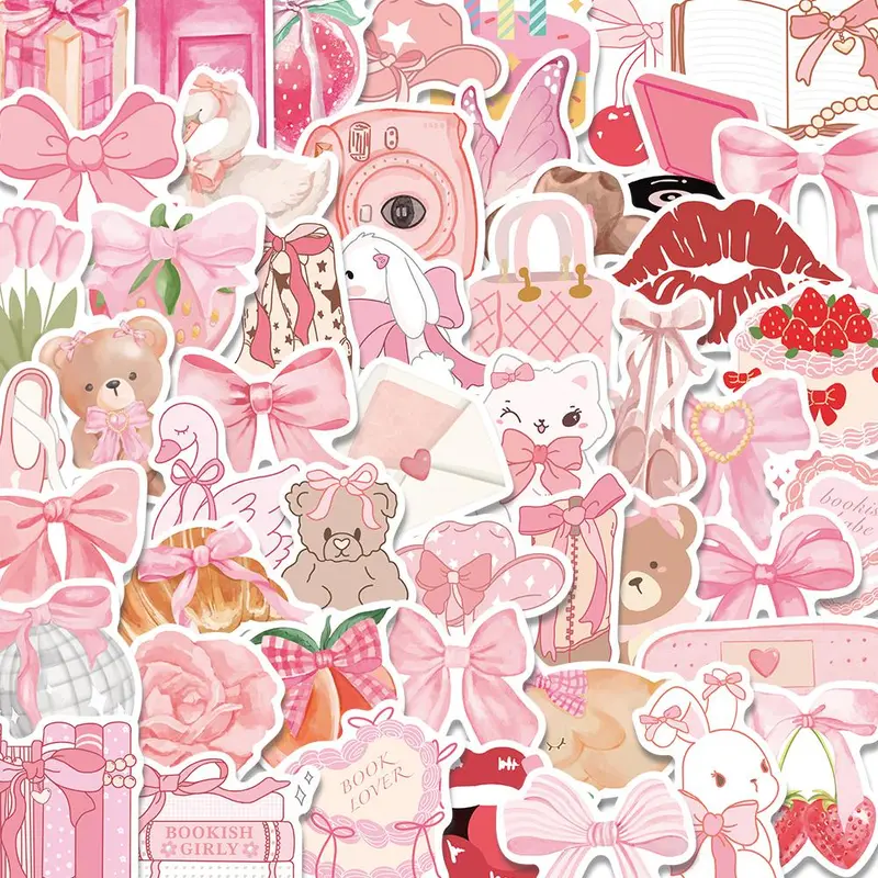 Pink Bowknot Pattern Decal Set Stickers, 50pcs/set Cute Bowknot Waterproof Self-Adhesive Decorative Stickers, Decor Stickers Phone Decoration for Gift Boxes, Greeting Cards, Water Bottles, Laptops, Phones and Cases, Accessories, Cellphone