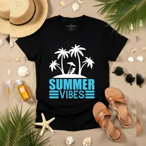 Women's summer vacation and tropical relaxation Graphic T-Shirt - Short Sleeve Crew Neck Regular Fit Casual Wear | Soft & Breathable Fabric, Durable Print, Everyday Comfort, Machine Washable, retro beach vacation graphic beach setting with palm trees,