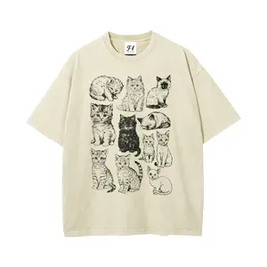 Vintage Cat Sketch Tee | Retro Washed Kitten Collage Graphic Tee,Cottagecore Cat Lover Oversized Washed Tee