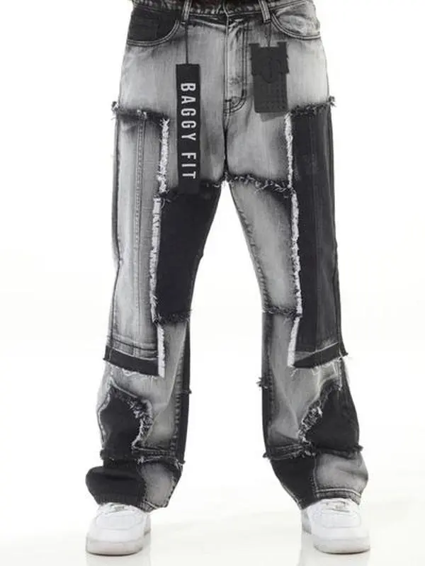 BlackCut and Sewn Paneled Baggy Fit Jeans with Distressed Look and Unique Patchwork Design