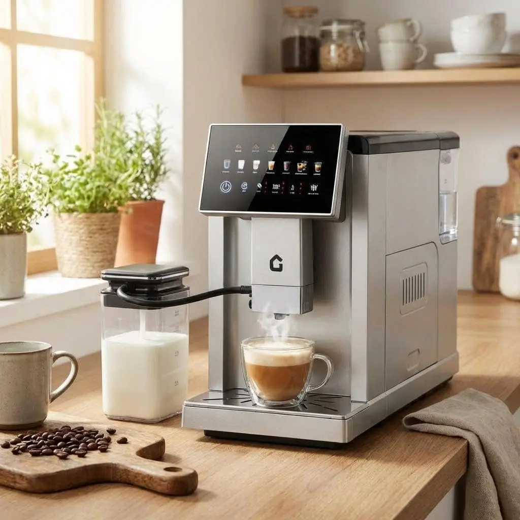 Garvee 20-Bar Fully Automatic Italian Espresso Machine - Modern Integrated Brewing Mechanism Coffee Machine with 15-Setting Grinder, Foamer, Dual Boiler, Self-Cleaning, Maintenance Alerts, Removable Components, Silver Spray Paint Finish