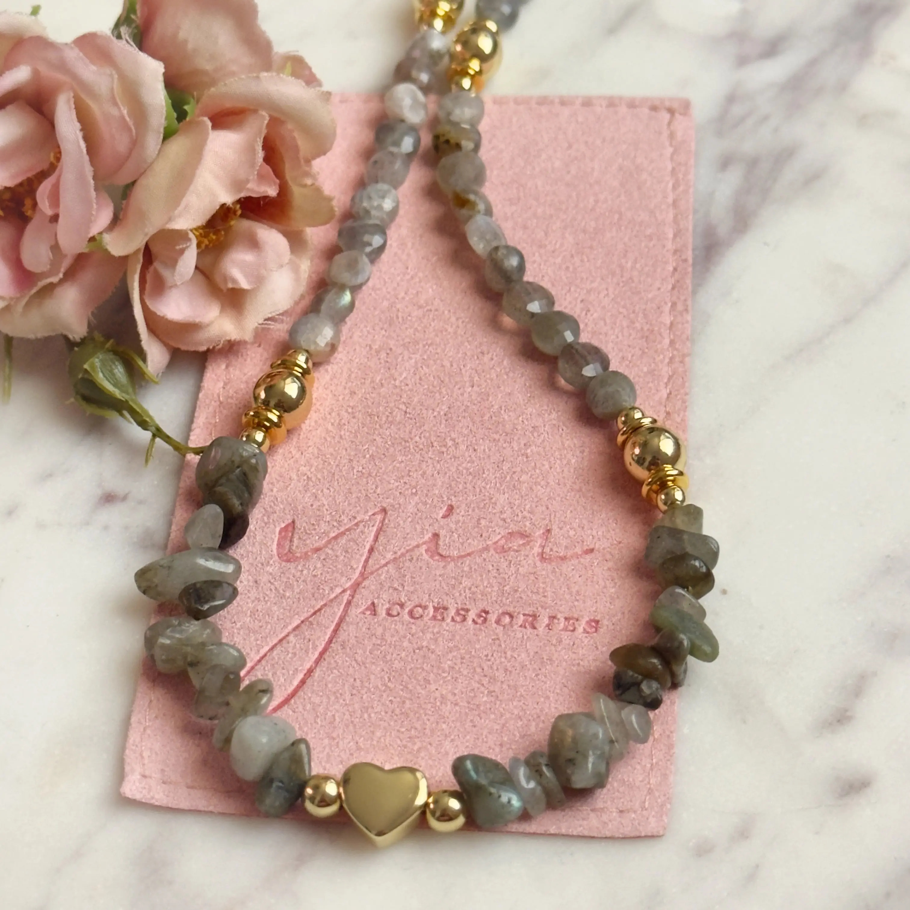 Gold Filled Celestial Heart Necklace with Natural Labradorite Stone, Adjustable 18.5 to 20.5 Inch Chain for Unisex Daily Wear, Heart Motif