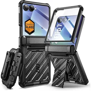 for Samsung Galaxy Z Flip 7 Case with Built-in Stand & Belt-Clip (Unicorn Beetle Pro), [Hinge Protection] [Front Tempered Glass Screen Protector] Full Body Military-Grade Phone Cover, Black