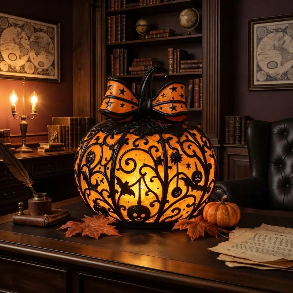 Lighted Halloween Pumpkin Decor, Metal Filigree Pumpkin Lamp with Star Bow, LED Glowing Pumpkin Ornament for Home Tabletop Shelf, Spooky & Elegant Halloween Indoor Decoration, Battery Operated Fall Centerpiece for Living Room Party Decor