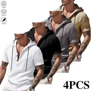 4-Pack Men’s Casual Short-Sleeve Shirts – Hooded Drawstring Design, suitable for casual streetwear, beach, vacations, outdoor activities, everyday wear, and parties; men’s summer clothing,summervibes
