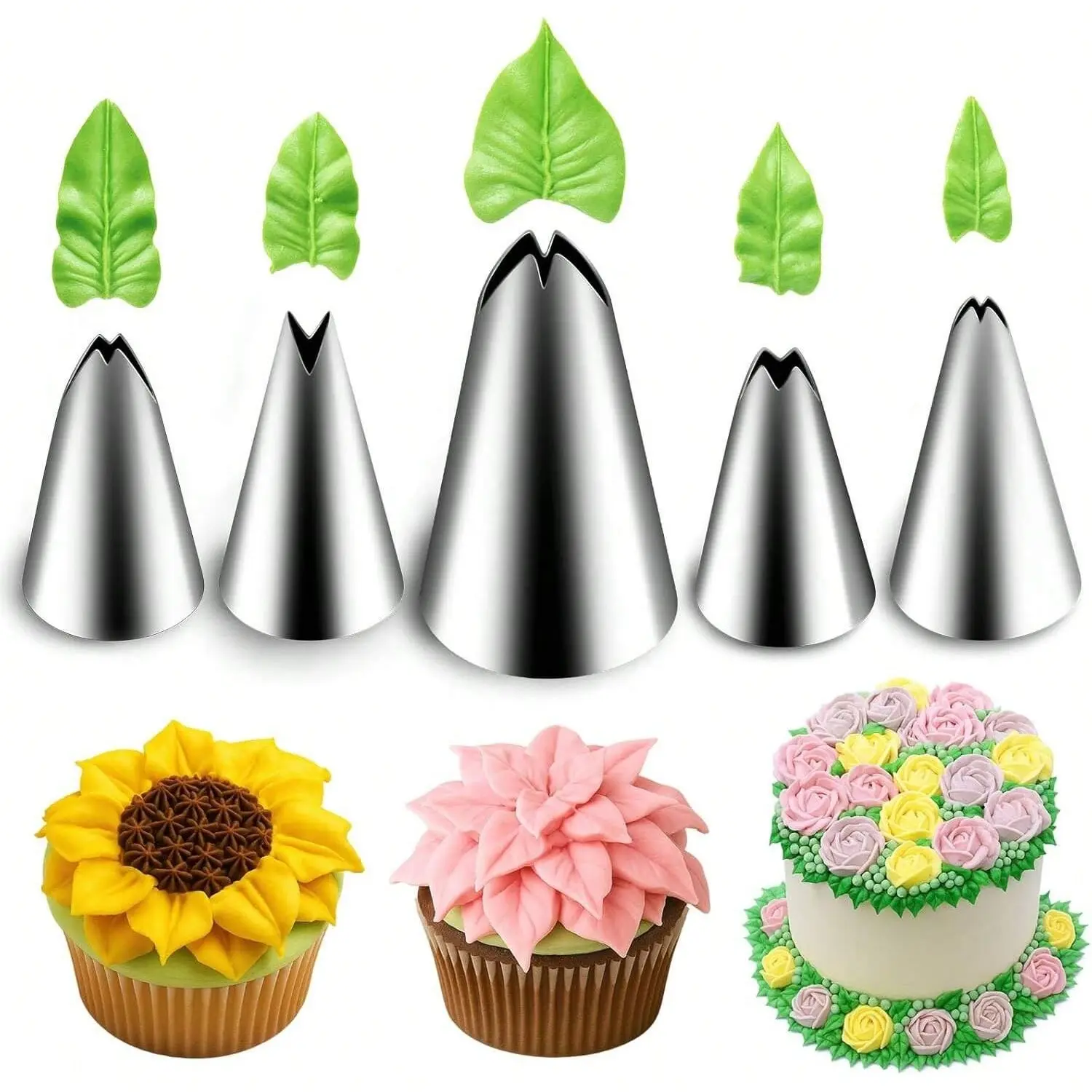 5-Piece Stainless Steel Leaf Icing Tips Set, Professional Baking Tools for Cake Decorating, DIY Pastry Supplies, Durable & Reusable, Cake Decorating Kit, Cake Decoration Tools, Baking Accessories
